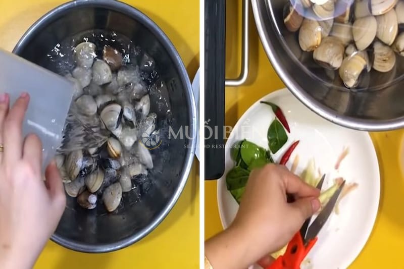 sơ chế nguyên liệu làm nghêu hấp sả nghêu hấp sả