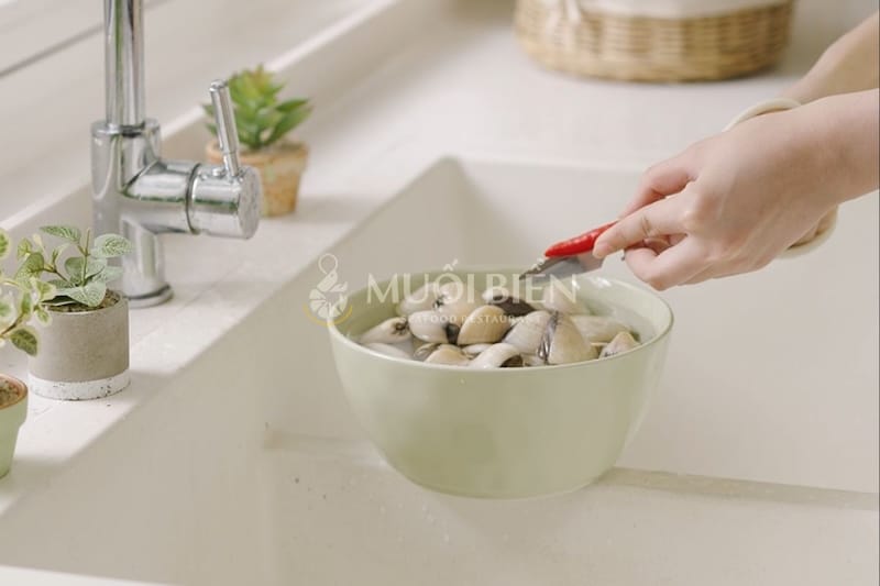làm sạch nghêu trước khi làm món nghêu hấp lá quế nghêu hấp lá quế