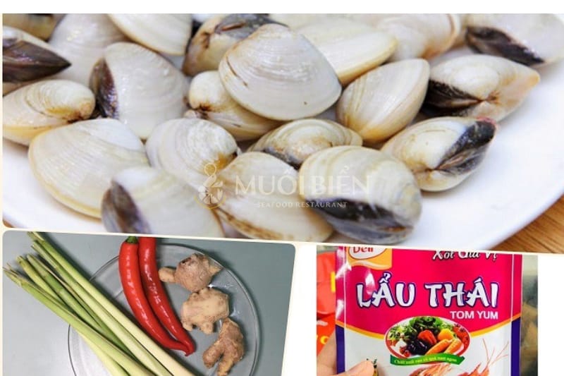 nguyên liệu làm món nghêu hấp Thái bằng gói lẩu Thái cách làm nghêu hấp Thái bằng gói lẩu Thái