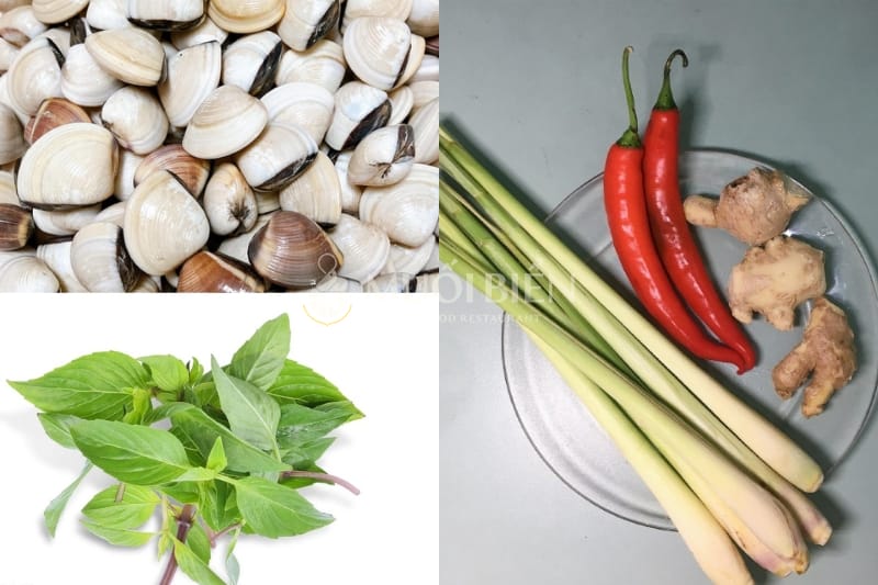 nguyên liệu làm nghêu hấp lá quế nghêu hấp lá quế