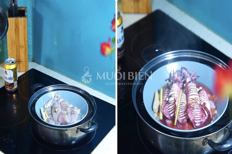 mực ống hấp bia hấp mực ống