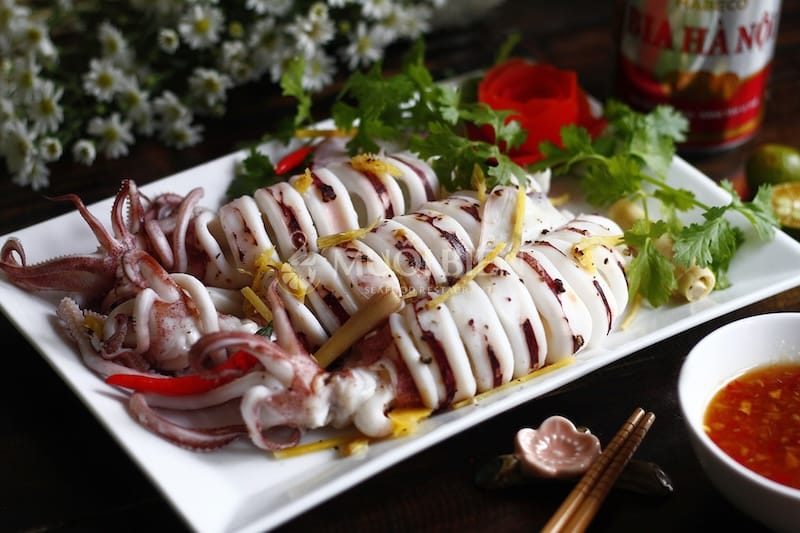 mực ống hấp gừng hấp mực ống