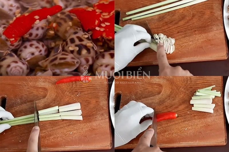 Sơ chế các nguyên liệu làm món ốc hương hấp thái